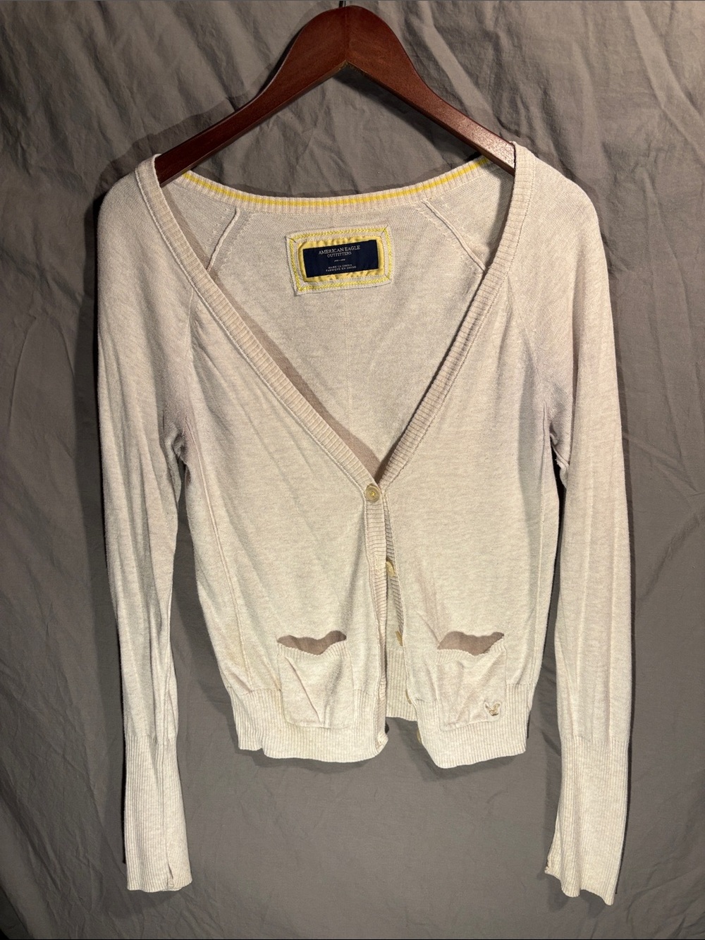 American Eagle Outfitters Cream V-Neck Button Cardigan with Yellow Trim